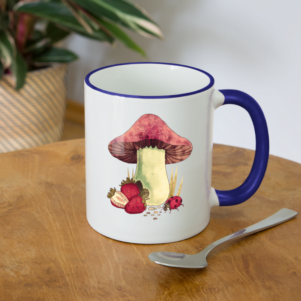 Tasse zweifarbig - "Cottagecore_Pilz und Erdbeeren" - Weiß/Kobaltblau