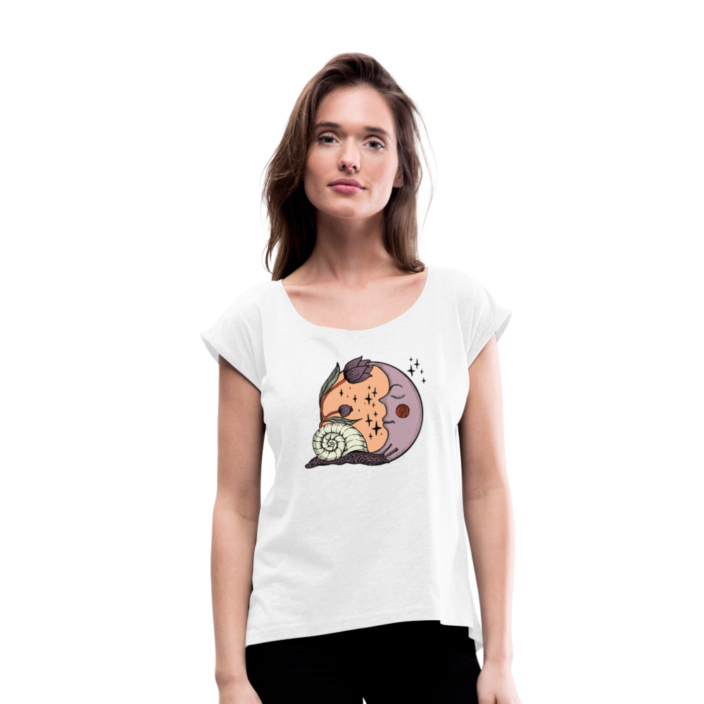 Frauen T-Shirt mit gerollten Ärmeln - “Cottagecore_Schnecke und Mond” - Weiß