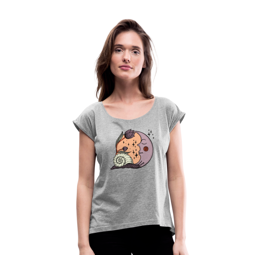 Frauen T-Shirt mit gerollten Ärmeln - “Cottagecore_Schnecke und Mond” - Grau meliert