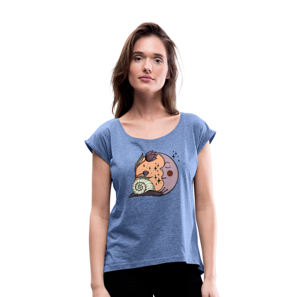 Frauen T-Shirt mit gerollten Ärmeln - “Cottagecore_Schnecke und Mond” - Denim meliert
