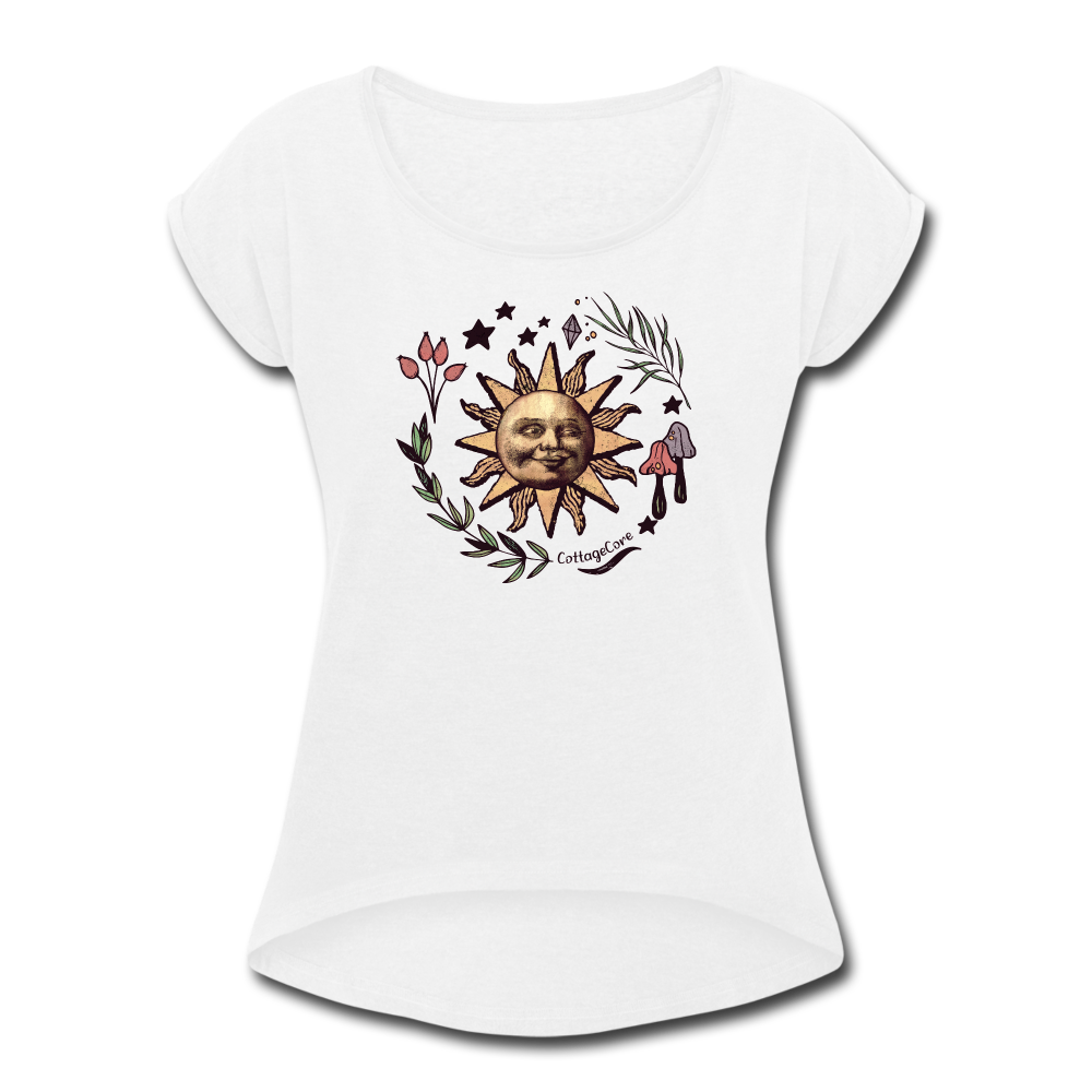 Frauen T-Shirt mit gerollten Ärmeln - “Cottagecore_Die Sonne lacht” - Weiß