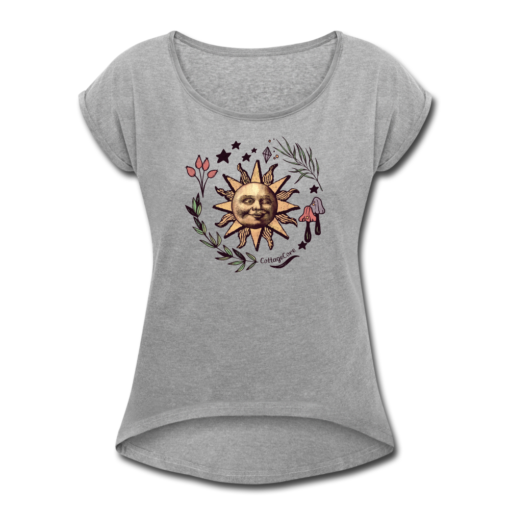 Frauen T-Shirt mit gerollten Ärmeln - “Cottagecore_Die Sonne lacht” - Grau meliert