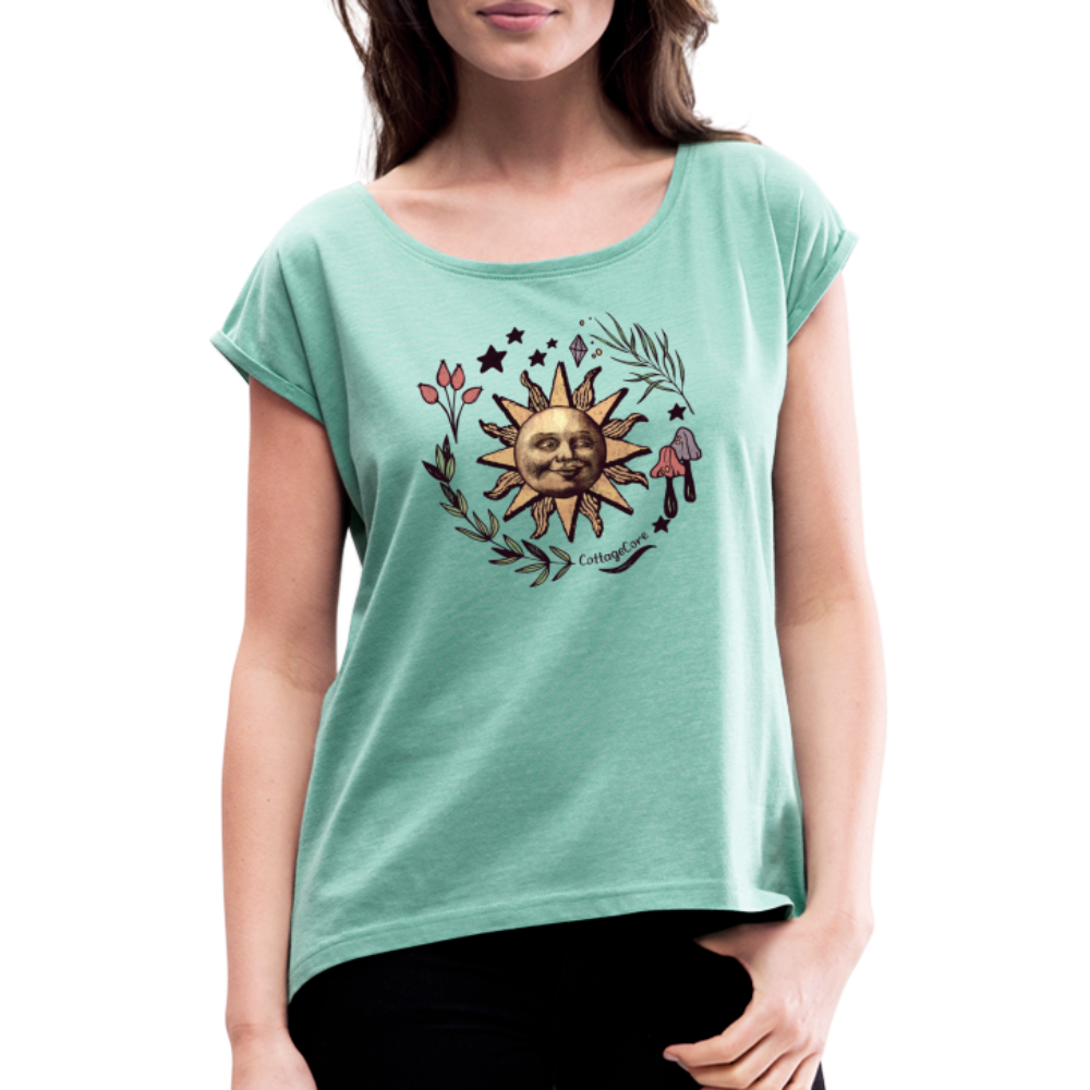 Frauen T-Shirt mit gerollten Ärmeln - “Cottagecore_Die Sonne lacht” - Minze meliert