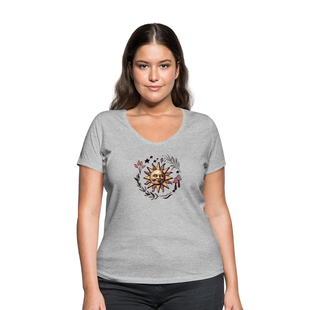 Frauen Bio-T-Shirt mit V-Ausschnitt - “Cottagecore_Die Sonne lacht” - Grau meliert