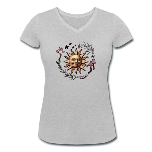 Frauen Bio-T-Shirt mit V-Ausschnitt - “Cottagecore_Die Sonne lacht” - Grau meliert