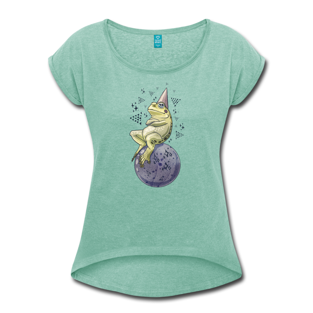 Frauen T-Shirt mit gerollten Ärmeln - "Magic Frog" - Minze meliert