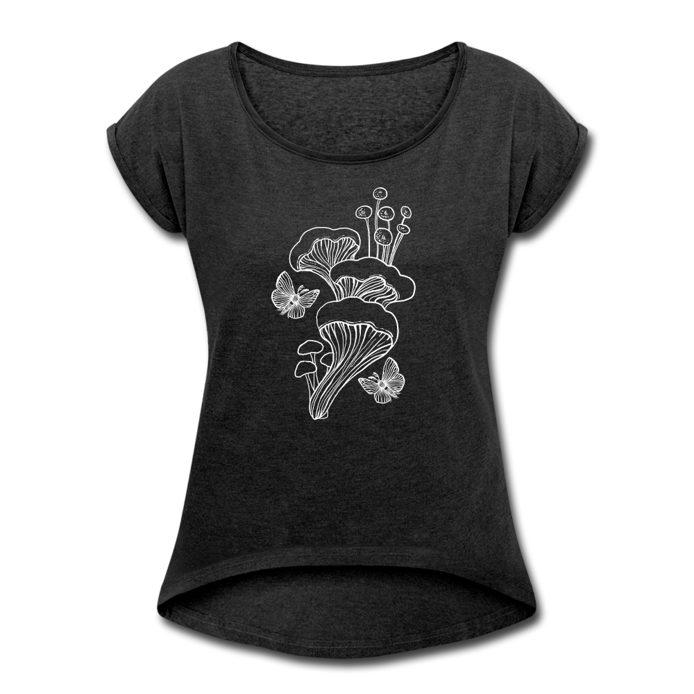 Frauen T-Shirt mit gerollten Ärmeln - “Goblincore_Tanz der Motten” - Schwarz meliert