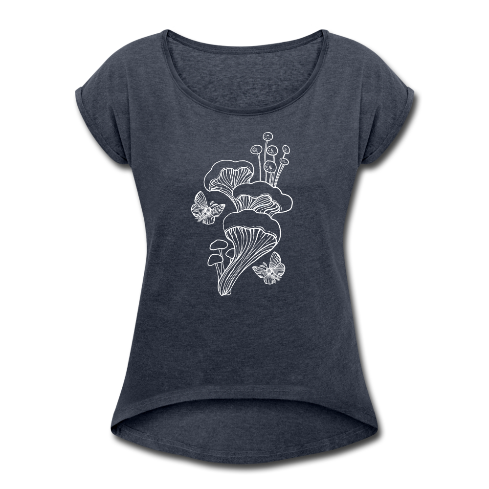 Frauen T-Shirt mit gerollten Ärmeln - “Goblincore_Tanz der Motten” - Navy meliert