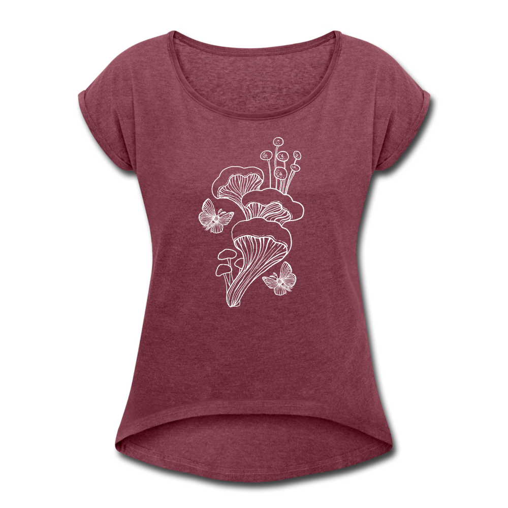 Frauen T-Shirt mit gerollten Ärmeln - “Goblincore_Tanz der Motten” - Bordeauxrot meliert