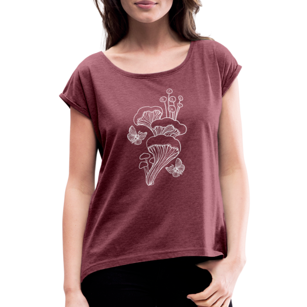 Frauen T-Shirt mit gerollten Ärmeln - “Goblincore_Tanz der Motten” - Bordeauxrot meliert