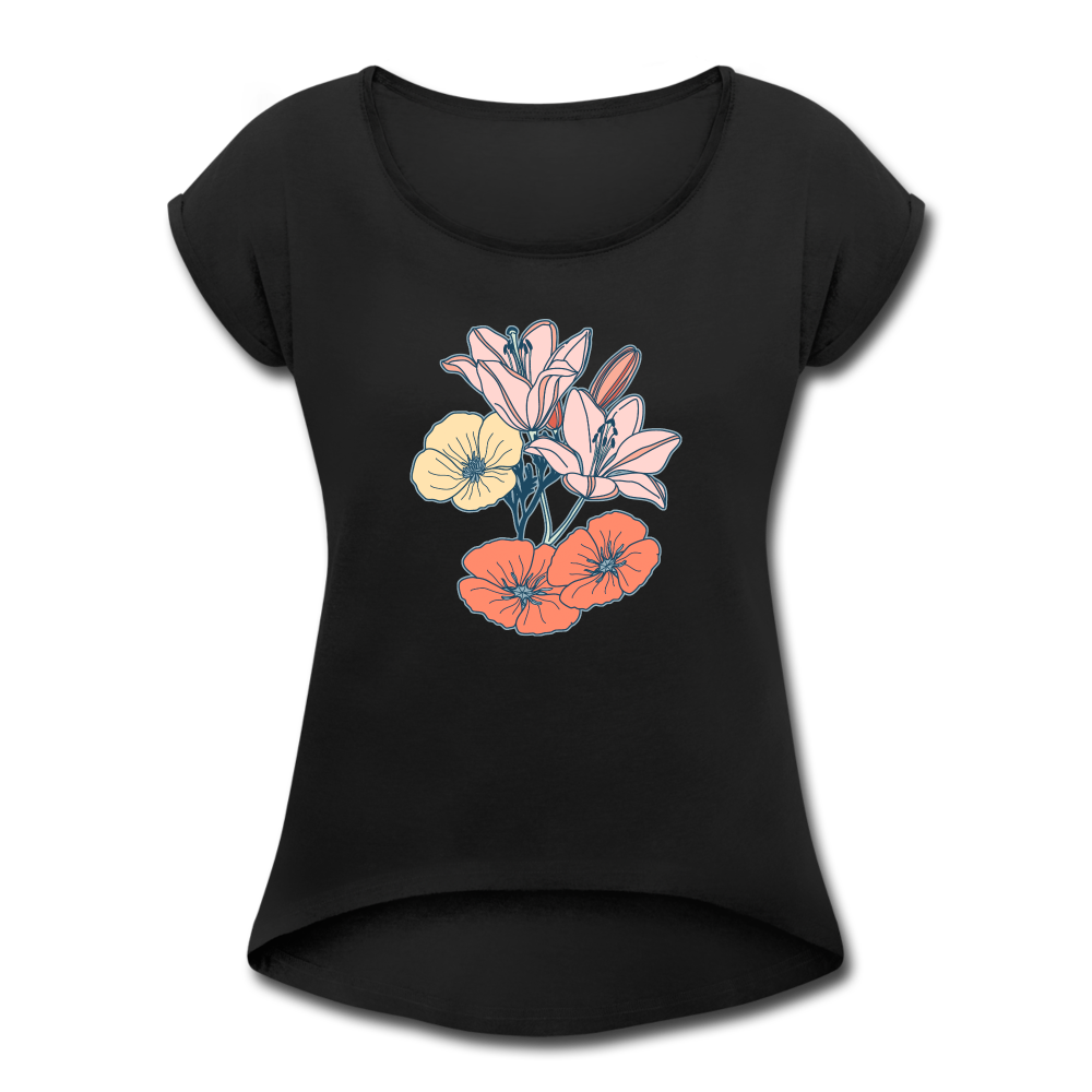 Frauen T-Shirt mit gerollten Ärmeln - “Some Flowers” - Schwarz