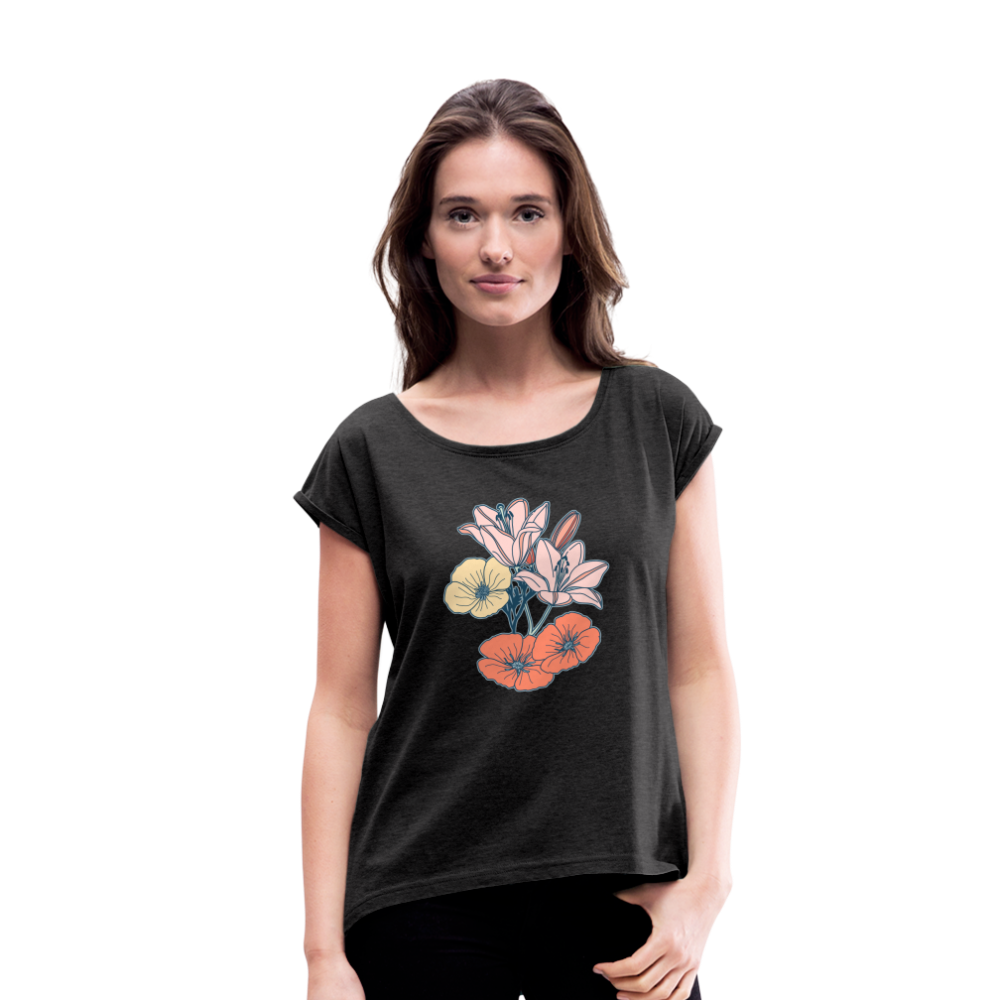 Frauen T-Shirt mit gerollten Ärmeln - “Some Flowers” - Schwarz meliert