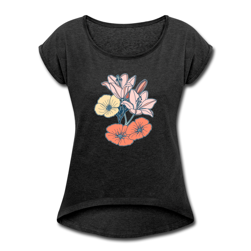 Frauen T-Shirt mit gerollten Ärmeln - “Some Flowers” - Schwarz meliert