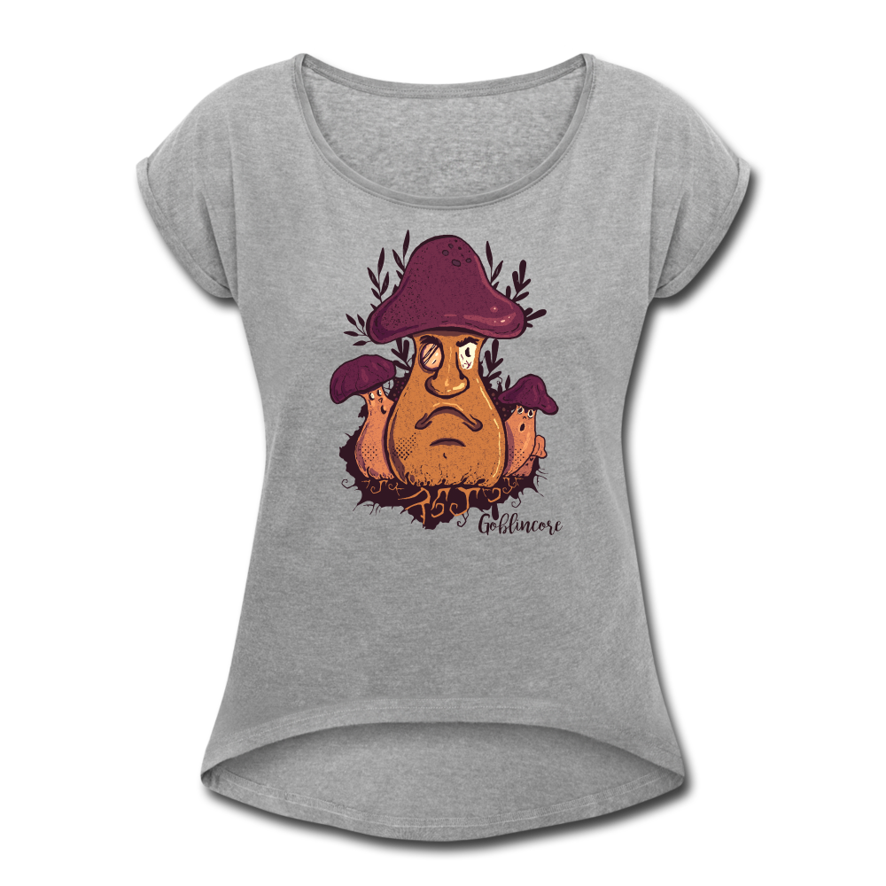 Frauen T-Shirt mit gerollten Ärmeln - “Goblincore_Grummelpilz” - Grau meliert