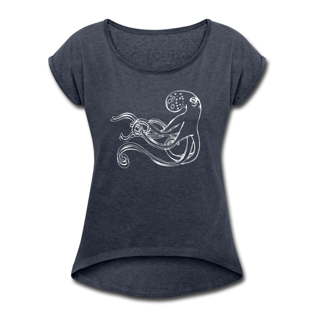 Frauen T-Shirt mit gerollten Ärmeln - “Shaky Kraken” - Navy meliert
