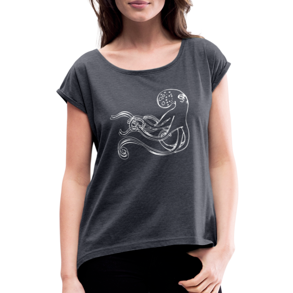 Frauen T-Shirt mit gerollten Ärmeln - “Shaky Kraken” - Navy meliert