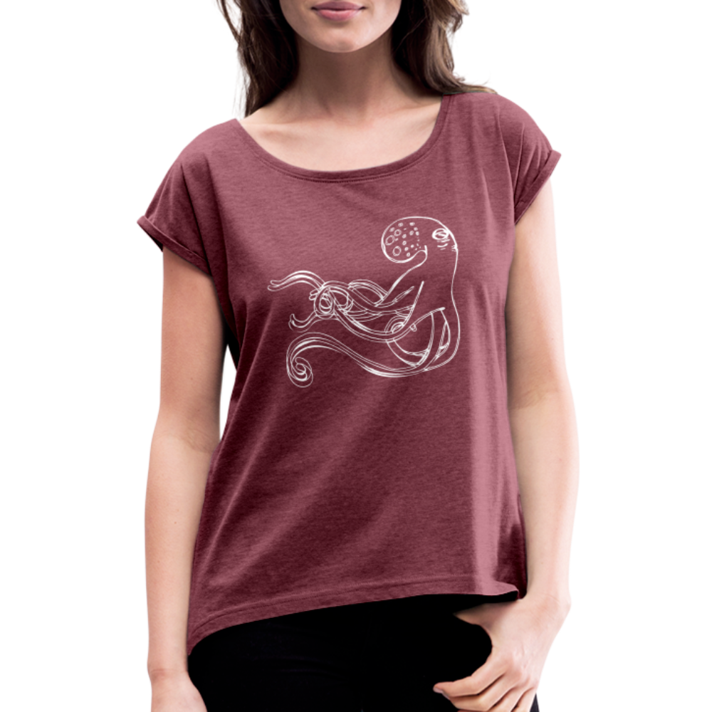 Frauen T-Shirt mit gerollten Ärmeln - “Shaky Kraken” - Bordeauxrot meliert