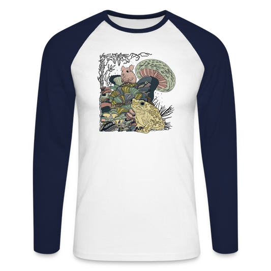 Männer Baseballshirt - “Wimmelbild mit Frosch und Pilzen” - Weiß/Navy