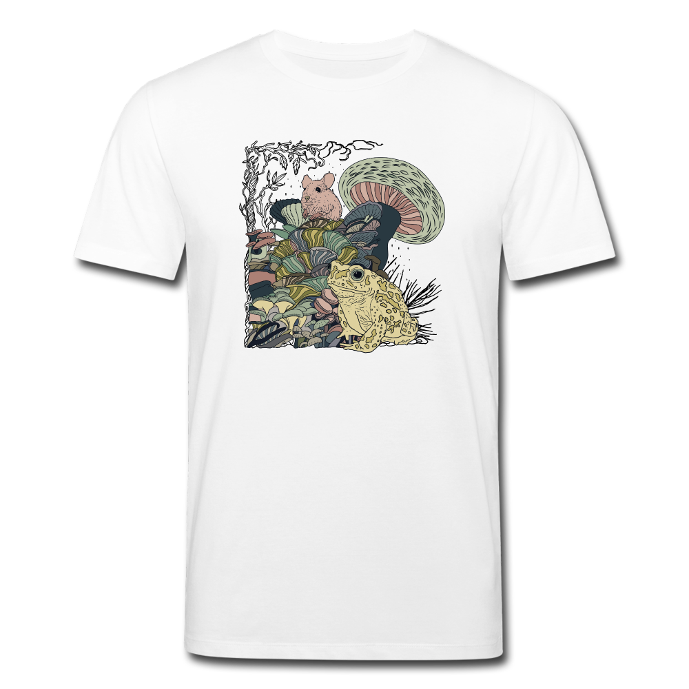 Männer Bio-T-Shirt - “Wimmelbild mit Frosch und Pilzen” - Weiß