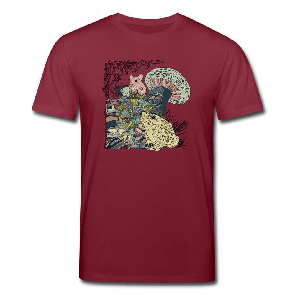 Männer Bio-T-Shirt - “Wimmelbild mit Frosch und Pilzen” - Burgunderrot