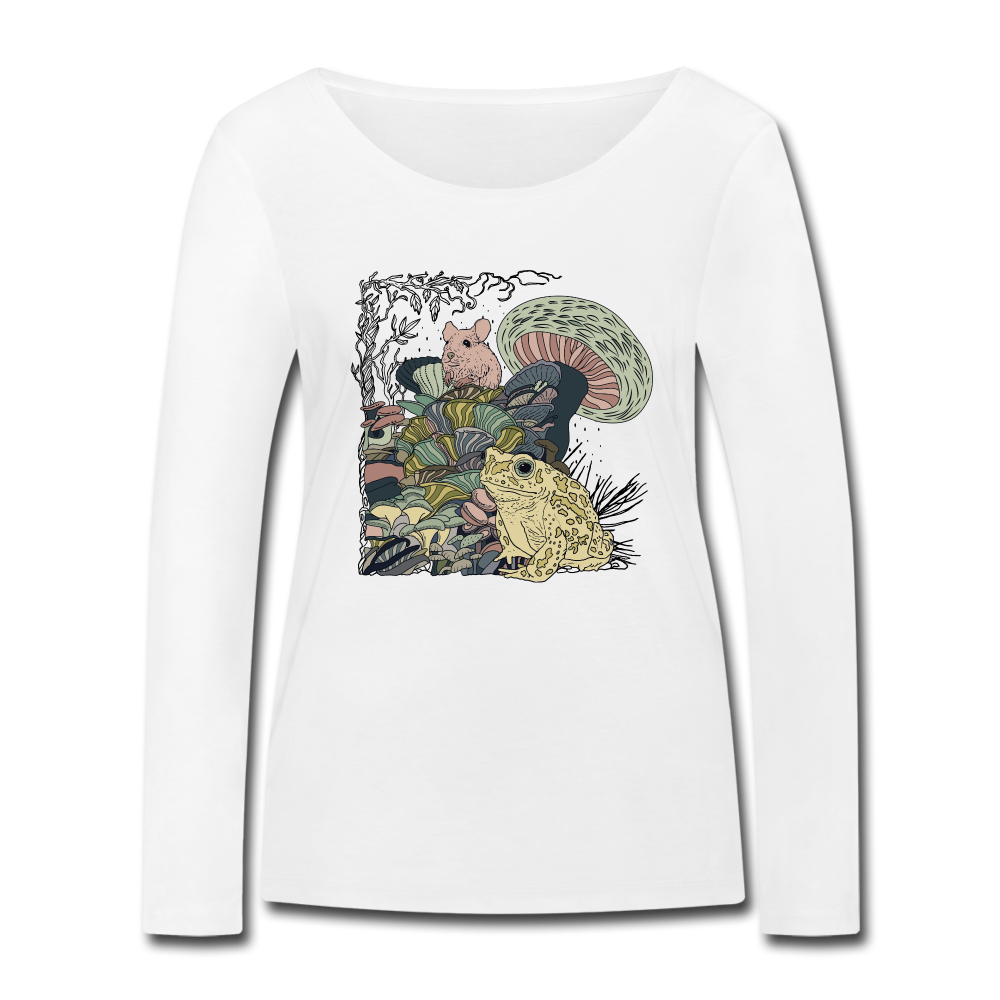 Frauen Bio-Langarmshirt - “Wimmelbild mit Frosch und Pilzen” - Weiß
