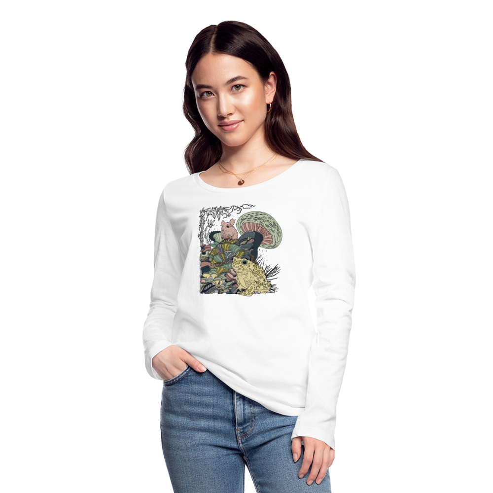 Frauen Bio-Langarmshirt - “Wimmelbild mit Frosch und Pilzen” - Weiß