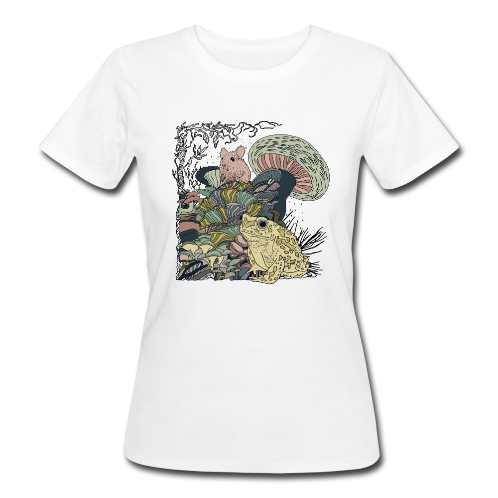 Frauen Bio-T-Shirt - “Wimmelbild mit Frosch und Pilzen” - Weiß