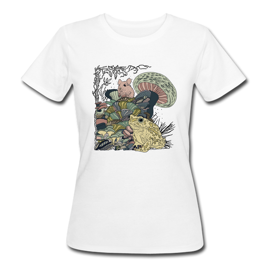 Frauen Bio-T-Shirt - “Wimmelbild mit Frosch und Pilzen” - Weiß