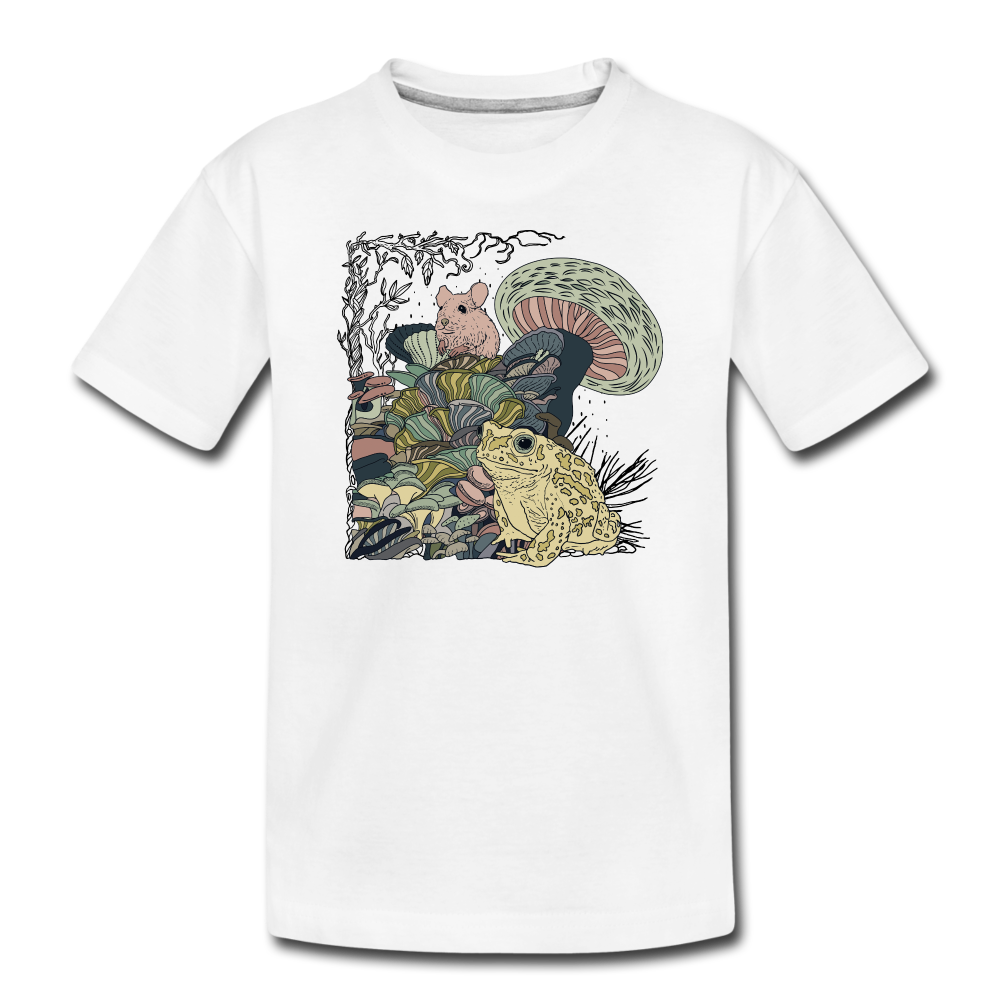 Kinder Premium Bio T-Shirt - “Wimmelbild mit Frosch und Pilzen” - Weiß