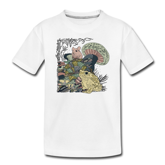 Kinder Premium Bio T-Shirt - “Wimmelbild mit Frosch und Pilzen” - Weiß