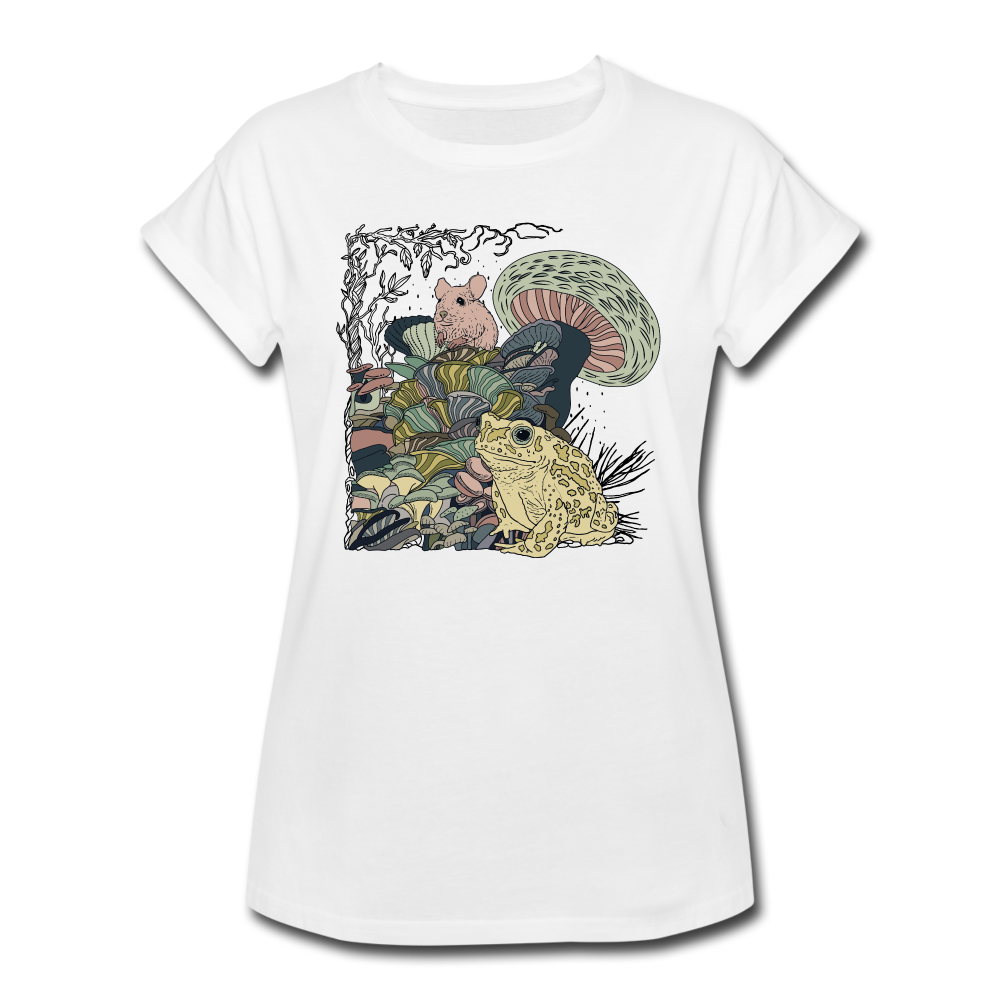 Frauen Oversize T-Shirt - “Wimmelbild mit Frosch und Pilzen” - Weiß