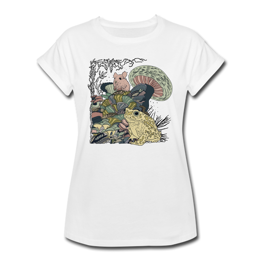 Frauen Oversize T-Shirt - “Wimmelbild mit Frosch und Pilzen” - Weiß