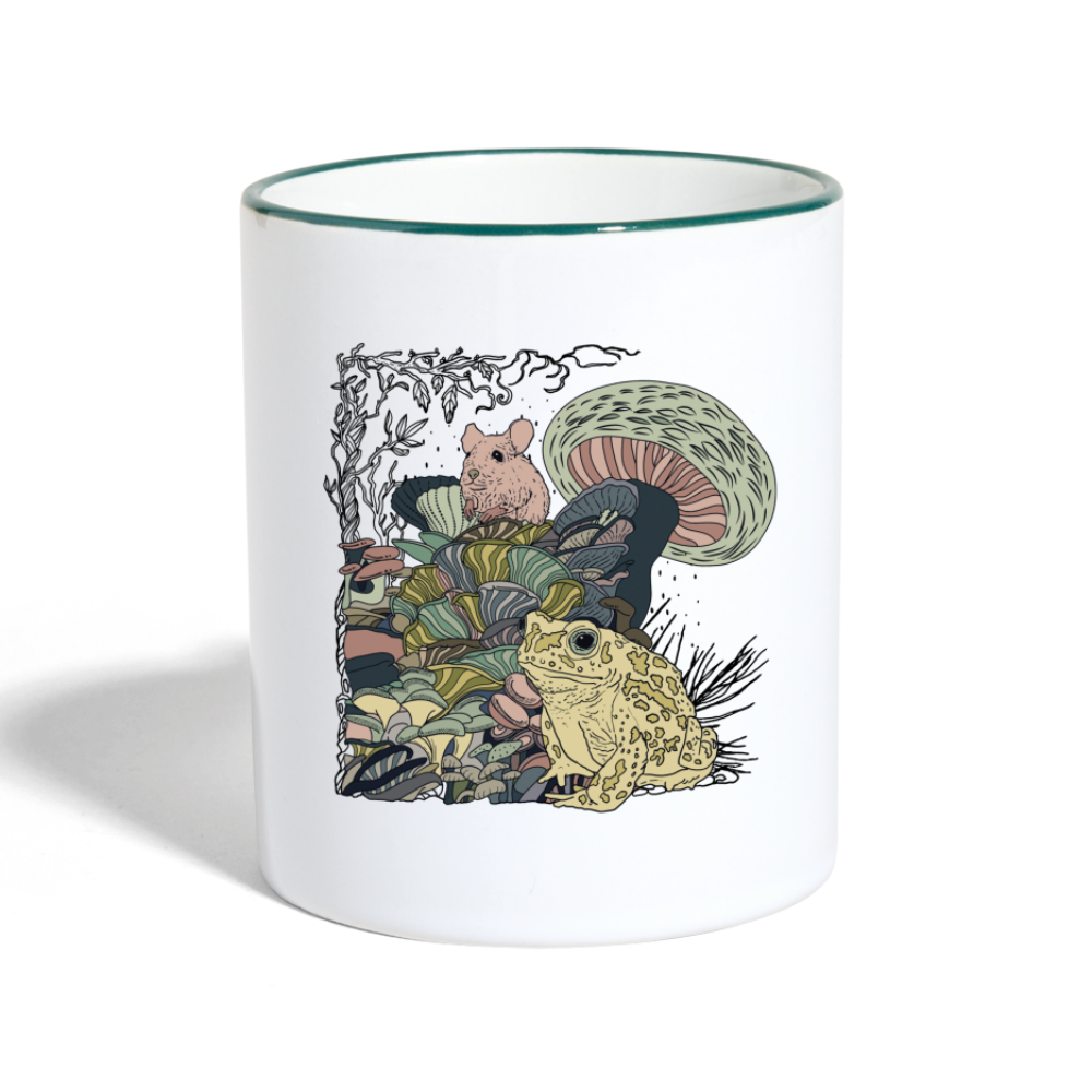 Tasse zweifarbig - “Wimmelbild mit Frosch und Pilzen” - Weiß/Dunkelgrün