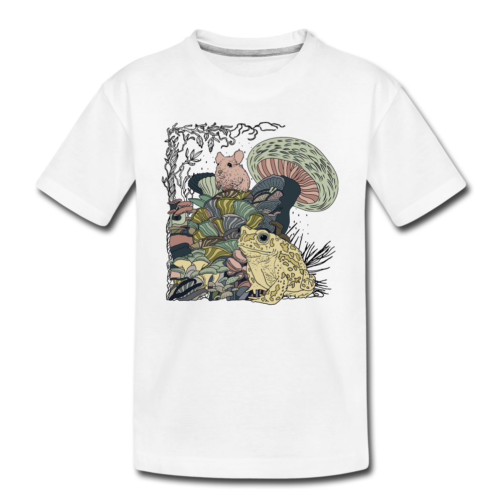 Teenager Premium Bio T-Shirt - “Wimmelbild mit Frosch und Pilzen” - Weiß