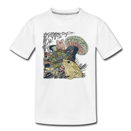 Teenager Premium Bio T-Shirt - “Wimmelbild mit Frosch und Pilzen” - Weiß