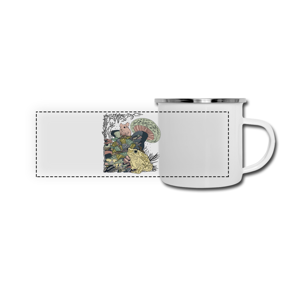 Panorama Emaille-Tasse - “Wimmelbild mit Frosch und Pilzen” - Weiß