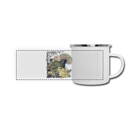 Panorama Emaille-Tasse - “Wimmelbild mit Frosch und Pilzen” - Weiß