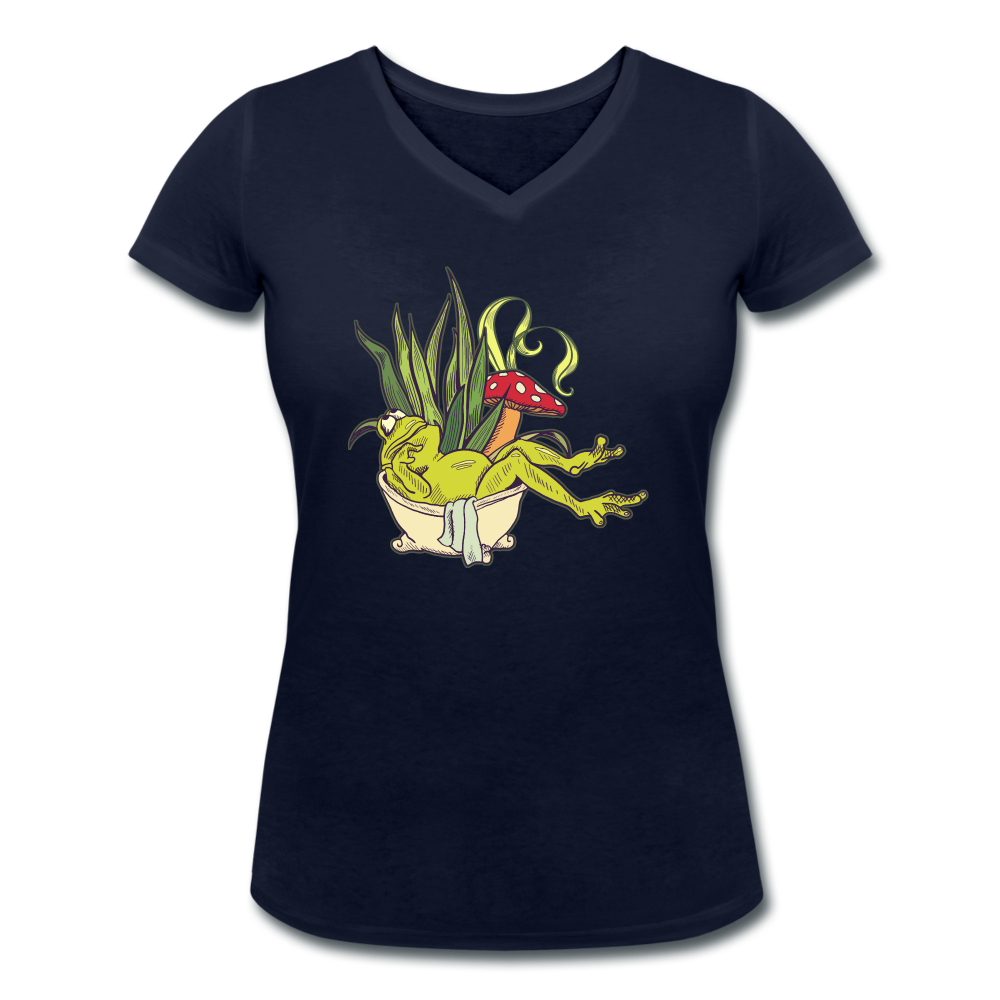 Frauen Bio-T-Shirt mit V-Ausschnitt - “Cottagecore_Frosch in der Wanne” - Navy