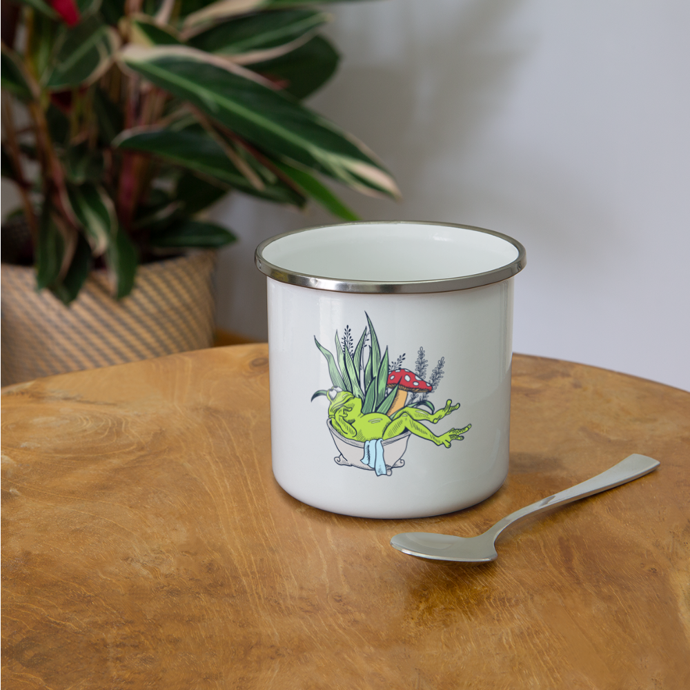 Emaille-Tasse - “Cottagecore_Frosch in der Badewanne” - Weiß