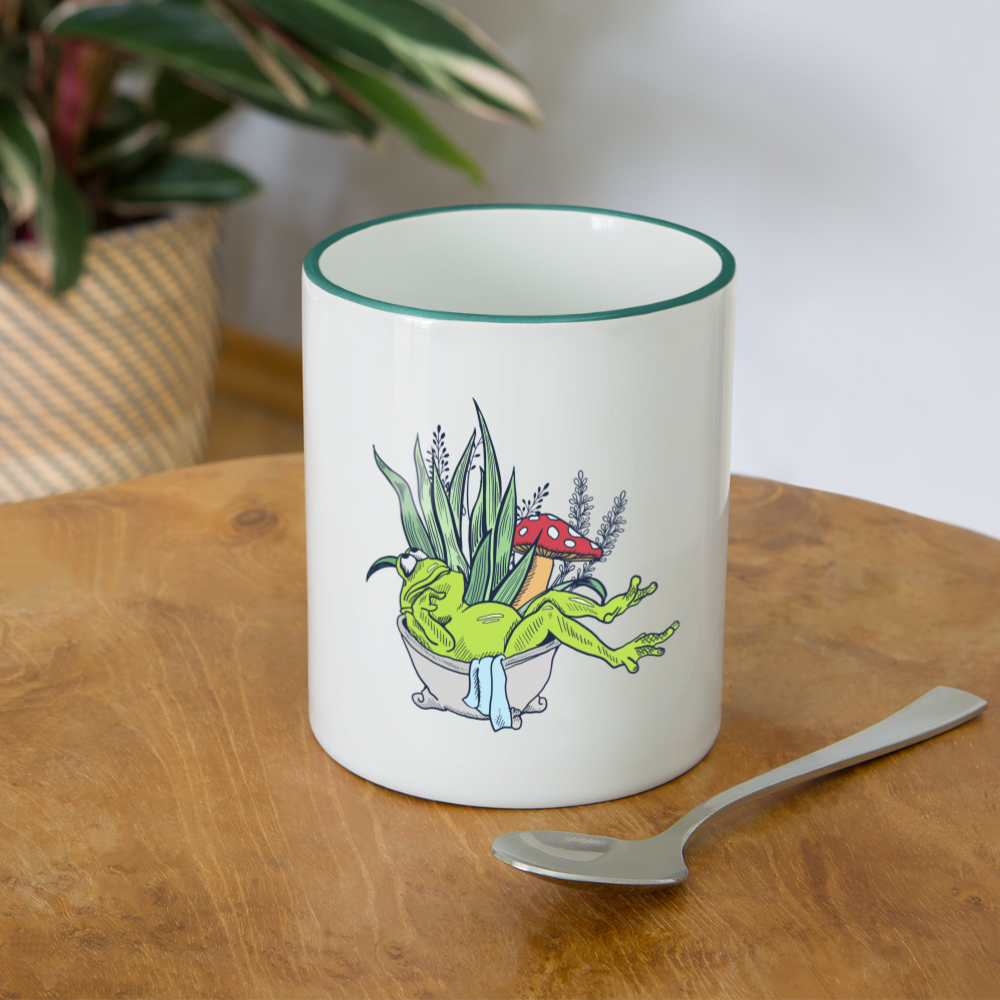 Tasse zweifarbig - “Cottagecore_Frosch in der Badewanne” - Weiß/Dunkelgrün