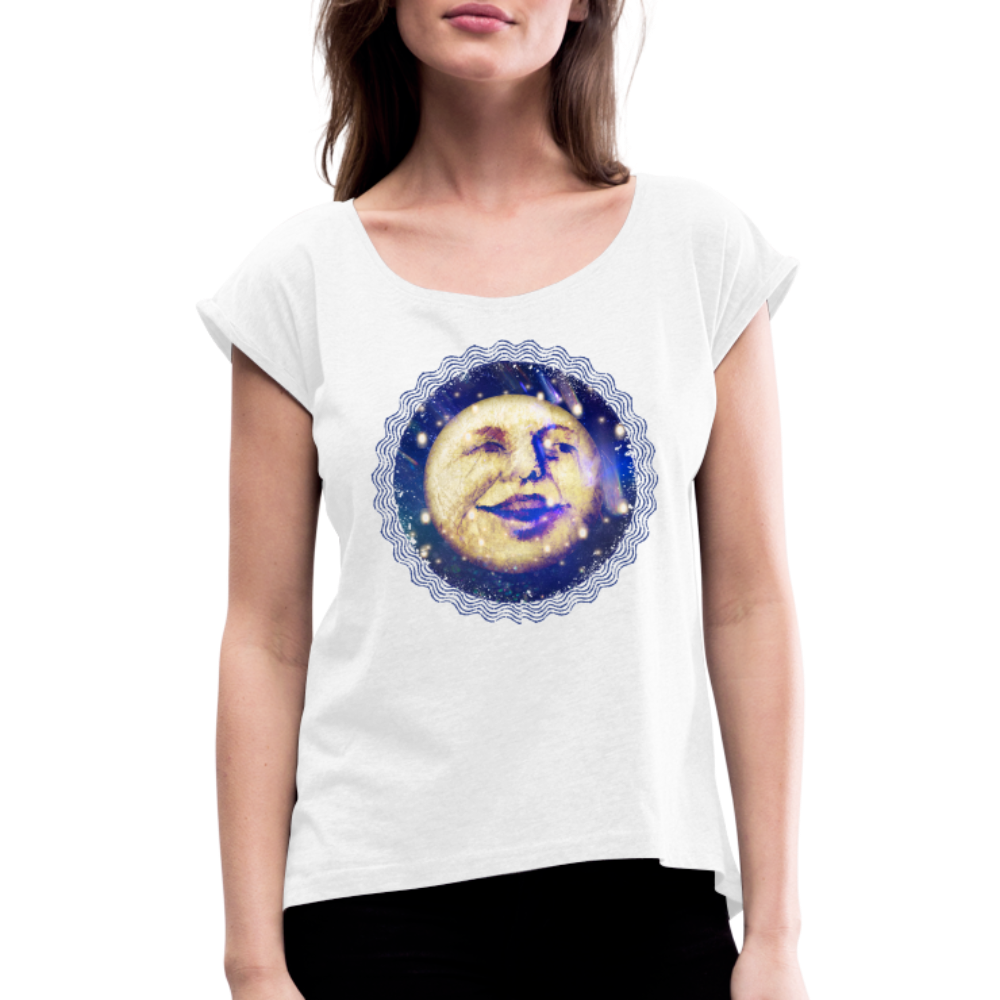 Frauen T-Shirt mit gerollten Ärmeln - “Lachender Mond” - Weiß