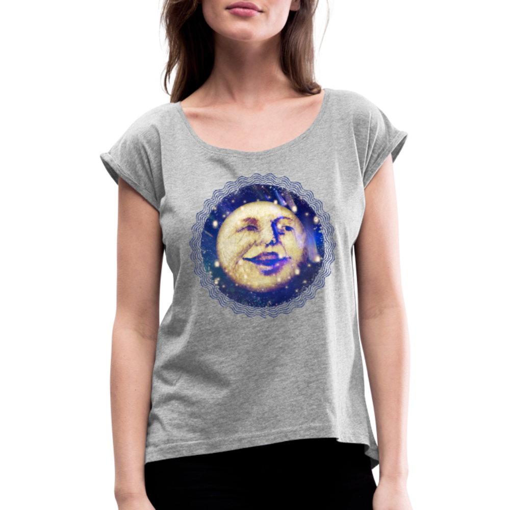 Frauen T-Shirt mit gerollten Ärmeln - “Lachender Mond” - Grau meliert