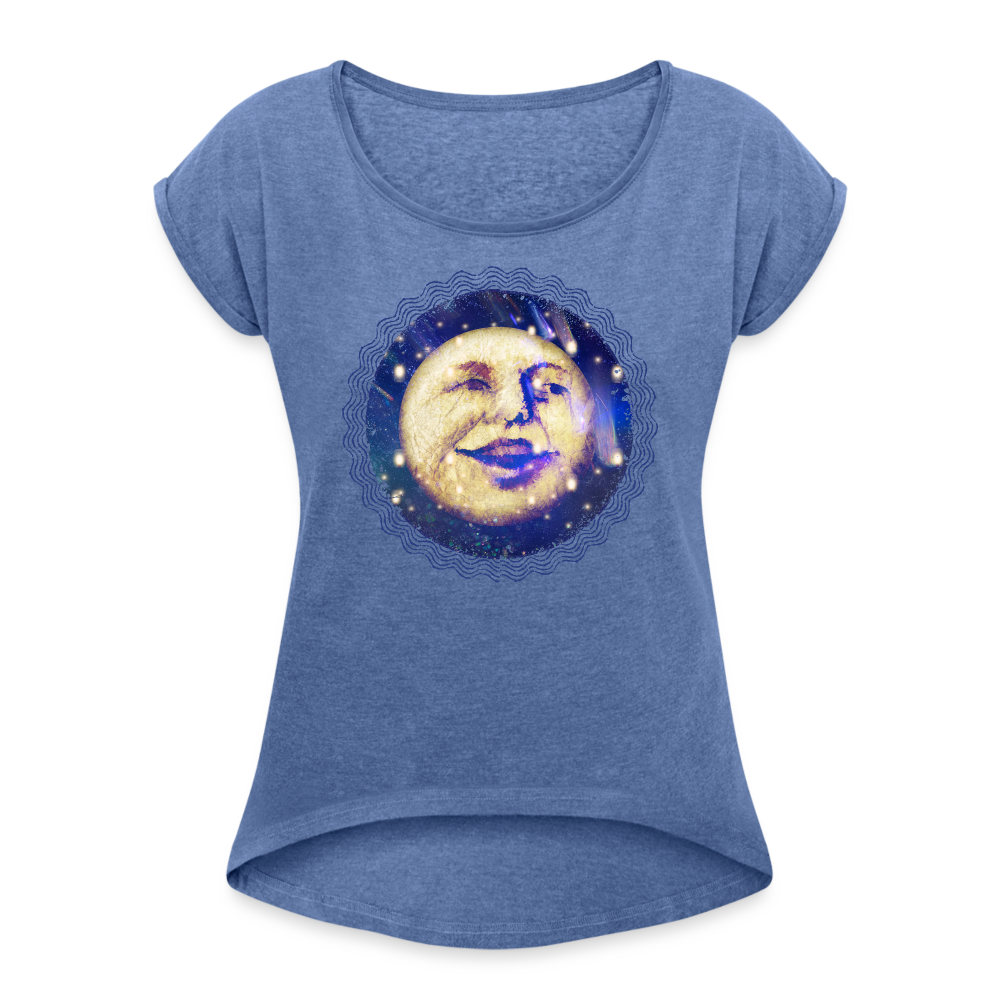 Frauen T-Shirt mit gerollten Ärmeln - “Lachender Mond” - Denim meliert