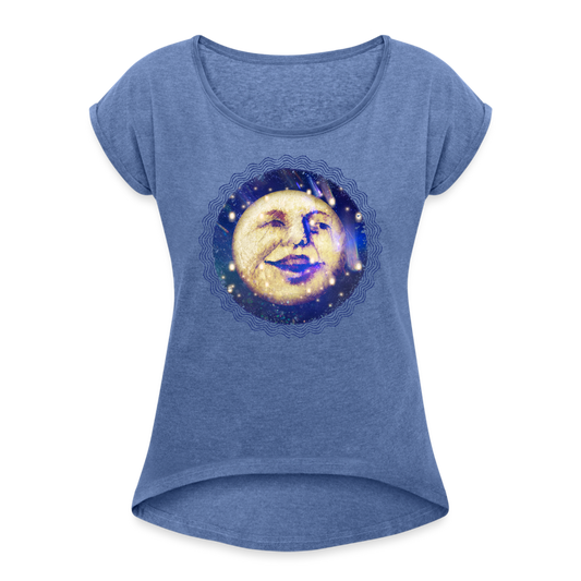 Frauen T-Shirt mit gerollten Ärmeln - “Lachender Mond” - Denim meliert
