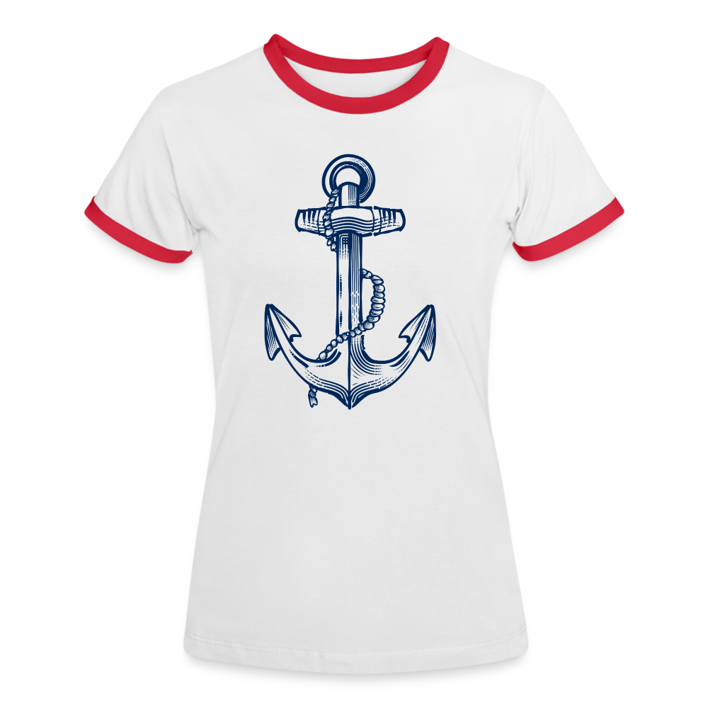 Frauen Kontrast-T-Shirt - “Anker in Tintenblau” - Weiß/Rot