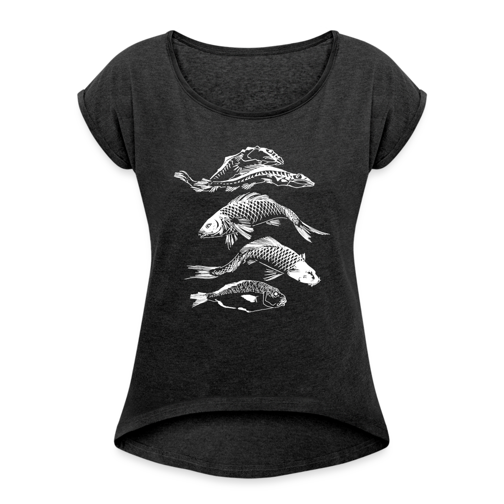 Frauen T-Shirt mit gerollten Ärmeln - “Fischsilhouetten” - Schwarz meliert