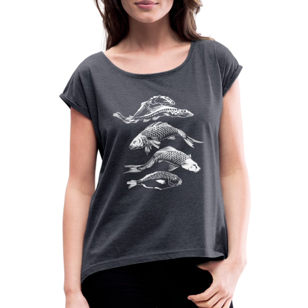 Frauen T-Shirt mit gerollten Ärmeln - “Fischsilhouetten” - Navy meliert