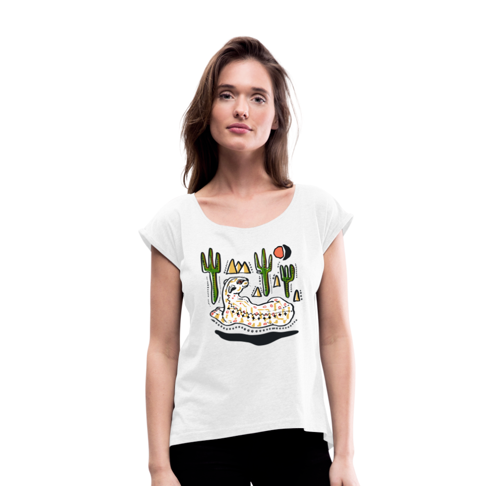 Frauen T-Shirt mit gerollten Ärmeln - “Folkart Jaguar” - weiß