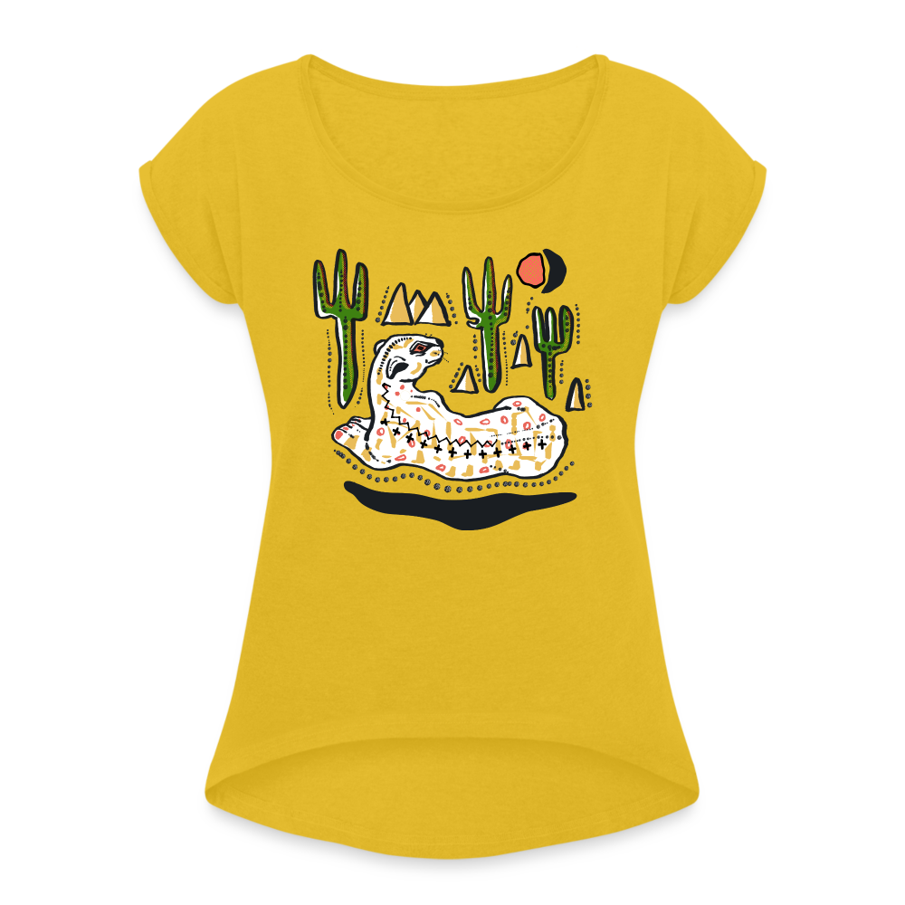Frauen T-Shirt mit gerollten Ärmeln - “Folkart Jaguar” - Senfgelb
