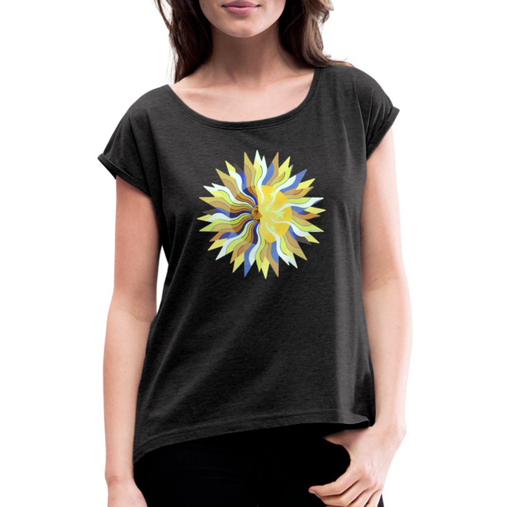 Frauen T-Shirt mit gerollten Ärmeln - "Sonne und Mond" - Schwarz meliert